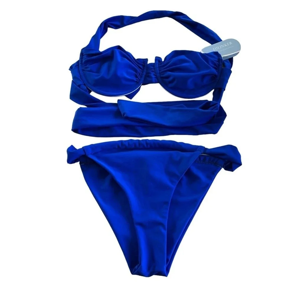 Hilinker Ruched Bikini Size S Blue Criss Cross Back High Cut‎ 2 Pc Swimsuit NWT